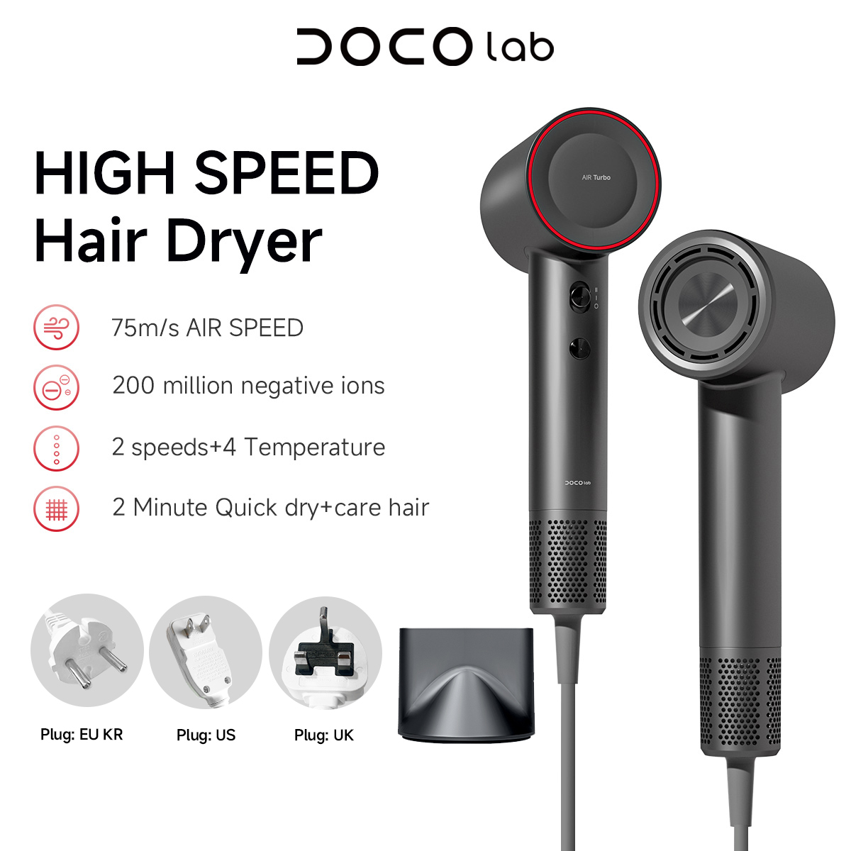 مجفف شعر DOCO عالي السرعة 75 م - مراجعة Hair Care Gift وسعره